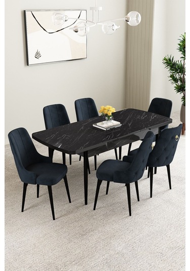 Mabel Siyah Mermer Desen 80x132 Açılabilir Yemek Odası Takımı 6 Adet Sandalye Antrasit