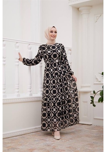 Neşeli Butik Kadın Kemerli Yeni Sezon Tesettür Elbise Sms016 Siyah