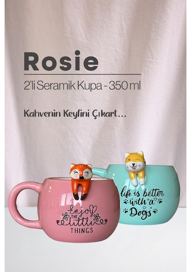 Tilki Ve Köpek Figürlü Seramik Kupa 350 Ml Beyaz