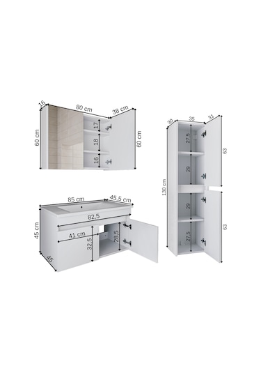 Banos Tm3 Lavabolu Beyaz 85 Cm Aynalı Banyo Dolabı Takımı Beyaz