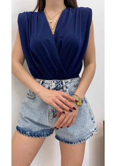 Soonaksesuar Kadın Sendy Kumaş Kruvaze Yaka Vatkalı Bluz Mavi