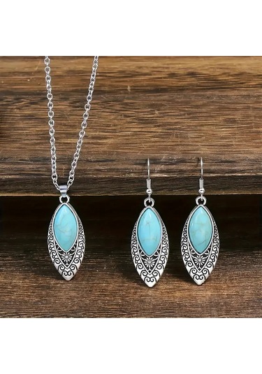 Otantik Mavi Taşlı Gümüş Takı Seti, Ahşap Kutu İçerisinde, Sevgililer Günü Hediyesi Gümüş