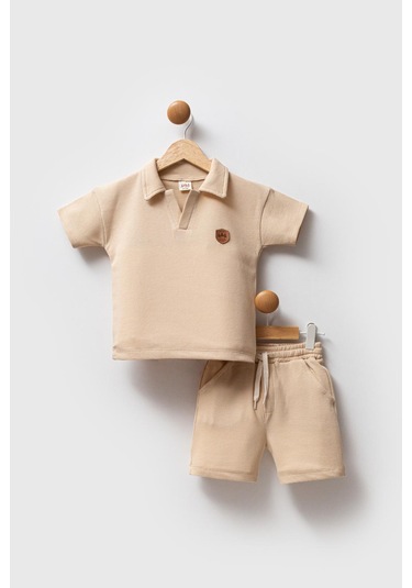 Erkek Çocuk Waffle Kumaş Şortlu Takım M00732 Bej
