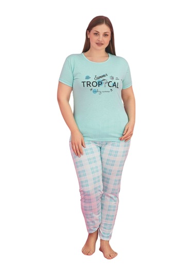 X-dreamy Büyük Beden Pamuklu Ekose Kareli Kısa Kollu Pijama Takımı Mavi