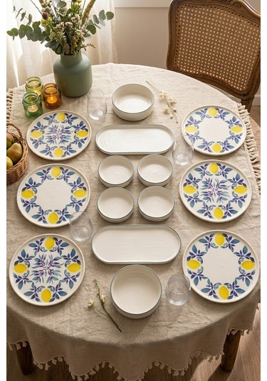 Limon 14 Parça 6 Kişilik Stackable Seramik Tabak Seti Premium Sunum & Kahvaltı Takımı Beyaz