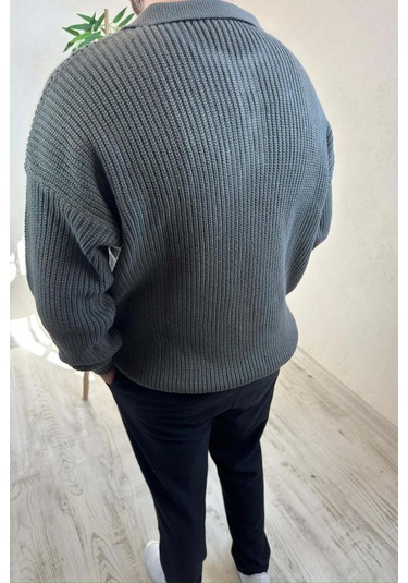 Erkek Gri Fermuarlı Polo Yaka Oversize Triko Kazak Gri