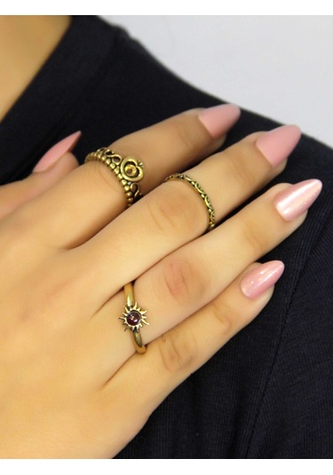 Doğal Taşlı 3'lü Garnet Lal Doğal Taşlı Güneş Modelli Kadın Ayarlanabilir Yüzük Seti Euy85 Kırmızı