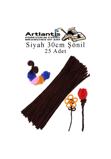 Şönil 30 Cm 25 Li 1 Paket Renkli Tüylü Tel Okul Öncesi Anasınıfı Kreş Hobi Eğitici Şönil Pipo Temizleyici Tüylü Tel Siyah
