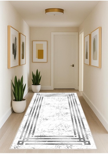 Beyaz Gri Dijital Baskı Salon Halısı Kaymaz Tabanlı Yıkanabilir Halı Yolluk 537 Beyaz