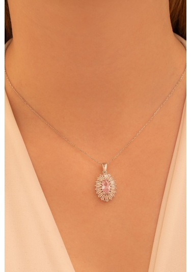 Kadın Gümüş Kolye - Damla Model Pembe Zirkon Taşlı Baget Süslemeli Rodyumlu Kadın Kolye