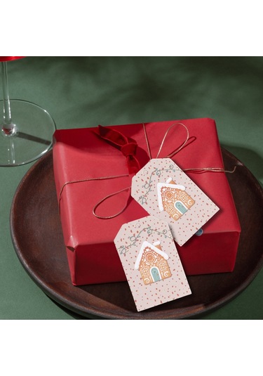 Yılbaşı Ev Temalı Hediye Etiketi, Yeniyıl, Noel Delikli Paketleme Kartı, 50 Adet-4.8x7.5 Cm, Krem