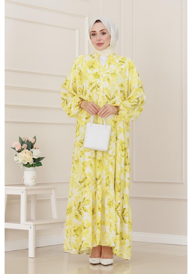 Kuşaklı Çiçekli Lina Elbise-sarı-5262 Sarı