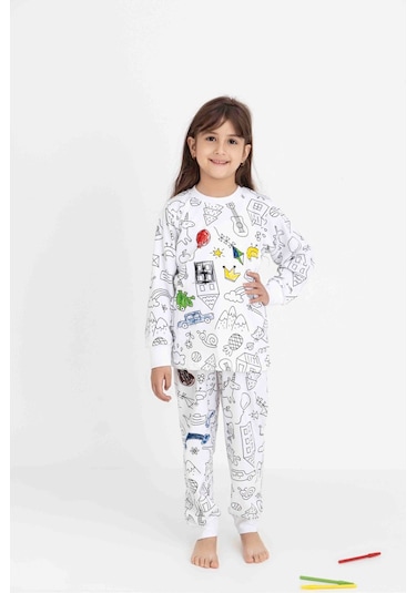 Boyanabilir Çocuk Pijama Takımı Kız Çocuk Pijama Erkek Çocuk Pijama Boya Beyaz