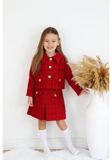 Kız Çocuk Carmen Kırmızı Tüvit Uzun Kollu Düğmeli Etek Ceket Takım Kırmızı
