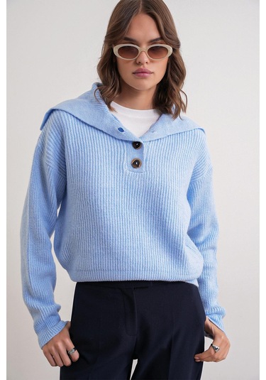 6900 Kadın Düğmeli Devrik Yaka Triko Kazak Bebe Mavi Bebe Mavi