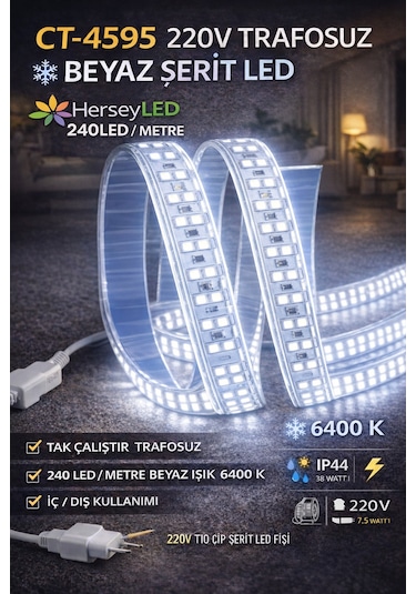 220v Trafosuz Yapışkanlı Dış Mekan Şerit Led 3 Metre Beyaz