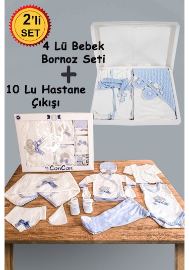 10 Parça Mavi Taşlı Hastane Çıkışı Ve 4 Parça Bebek Bornoz Seti Mavi