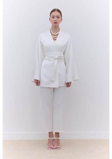 Manuka Saten Kemerli Kimono Ekru