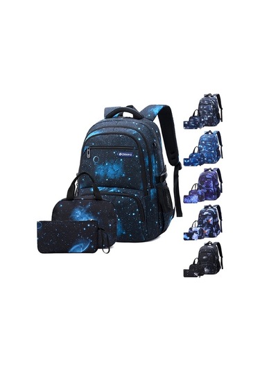 Pazly Öğrencilik İçin 3'lü Set: Sırt Çantası + Yemek + Kalem Kutusu, Mavi Pırlanta Desenli, 32x20x43 Cm, Siyah/yıldızlı Gökyüzü/mavi Çok Renkli