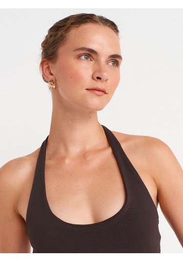 Dilvin 91508 Halter Yaka Mini Elbise-koyu Kahve Koyu Kahve