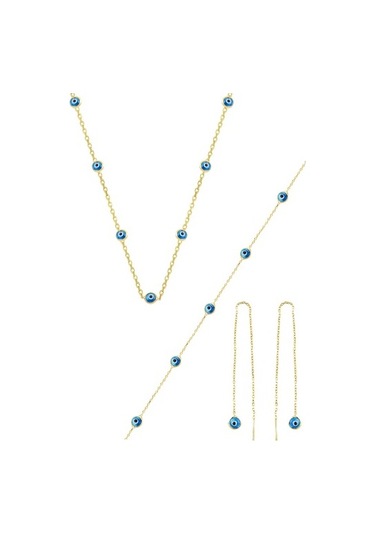 Gümüş Altın Yaldızlı,Cam Göz Nazar Kolye Küpe Ve Bileklik Gümüş