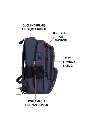 Dada Çok Bölmeli Lacivert Okul Sırt Çantası Usb Soket 15,6 İnç Su Geçirmez Oxford Kumaş