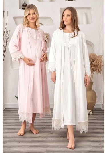 Bone 5933 Mikro Müslim Lohusa Gecelik Sabahlık Takım Ekru