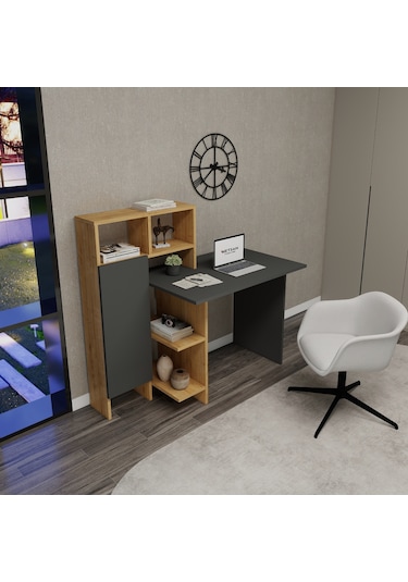 Arnetti Buğra Dolaplı Raflı Çalışma Bilgisayar Masası Antrasit Safirmeşe Antrasit - Safirmeşe