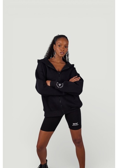 Holly Lolly Uzun Kol Kapüşonlu Fermuar Kapamalı Hoody Sweatshirt Siyah