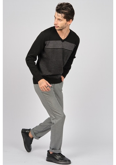 Desen Triko Erkek Desenli V Yaka Yün Kazak 0249640 Siyah Siyah