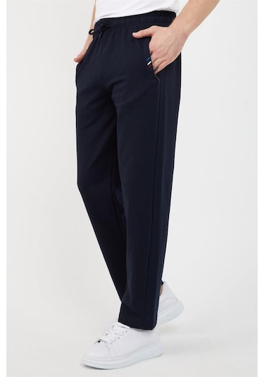 Erkek Fermuar Cep Nakış Detaylı Düz Paça Rahat Kesim Lacivert Eşofman Altı