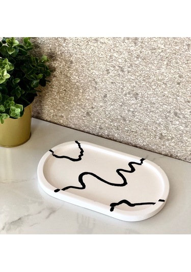 Thiramis Homeconcept Beyaz & Siyah Dalga Detay Dekoratif Tepsi 24x15