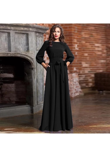 Kadın Yaz Casual Parti Elbise Kol Katı Uzun Elbiseler Kemerli Siyah