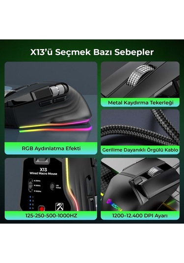 Mkespn X13 Gaming Mouse Kablolu 12400 Dpi 10 Tuş Makro Rgb Oyuncu Mouse Siyah