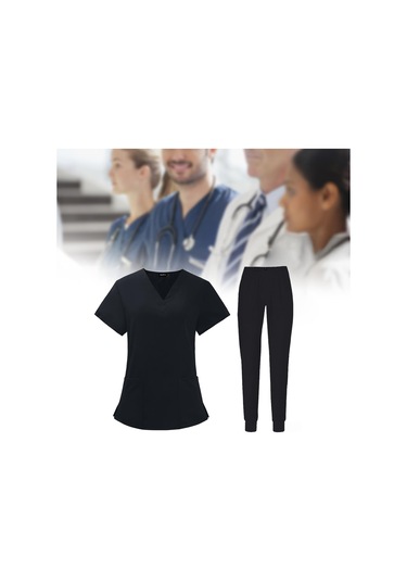 Dolıty Erkek Kadın Scrubs Seti V Yaka Fırçalama Üst L-siyah