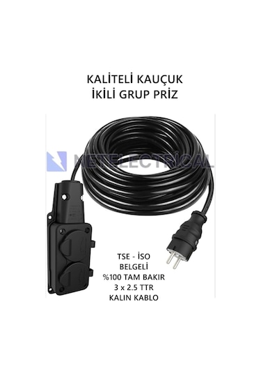 Kauçuk 2'li 50 Metre Topraklı Grup Priz - 3x2.5 Ttr Tam Bakır Kalın Siyah Kablo 50 Metre