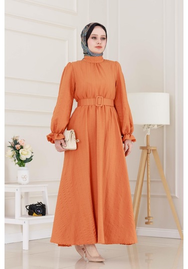 Kolu Volanlı Kemerli Henna Elbise-turuncu-5058 Turuncu
