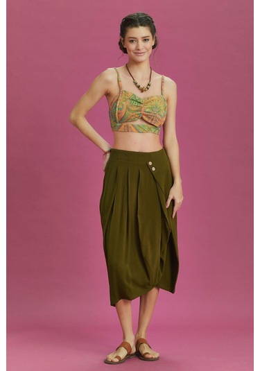 Rahat Kesim Geniş Pileli Haki Anvelop Midi Etek Haki