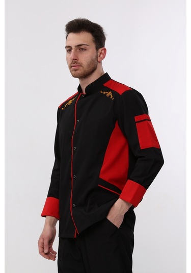 Uniprom Uzun Kollu Aşçı Ceketi Önlük Nakışlı Cepli Şef, Garson Siyah - Kırmızı