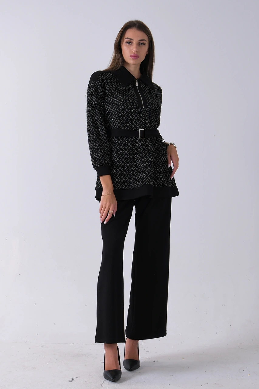 Feminist Siyah Tunik Yaka Fermuar Kapamalı File Detaylı Pantolonlu Takım 4577283.01 Siyah