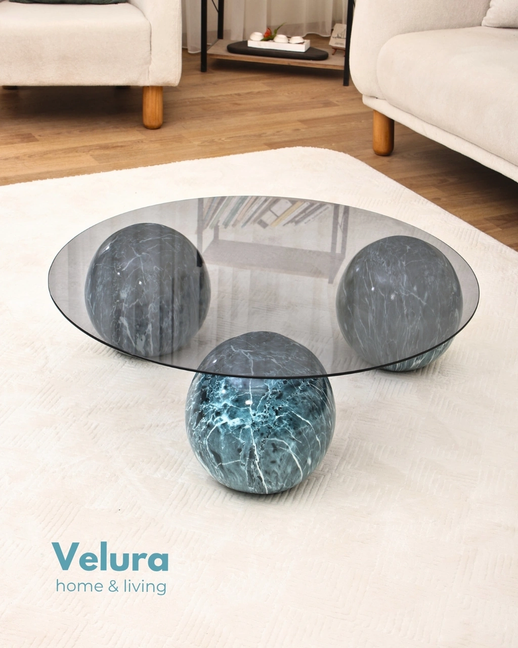 Modern Orta Sehpa & Küre Sehpa & Top Sehpa & Füme Yuvarlak Cam & Ocean Mavi