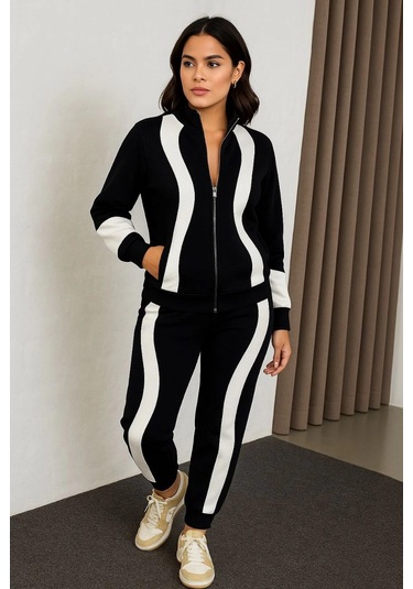 Kadın Premium Parçalı Eşofman Takım - Dik Yaka Fermuarlı Sweatshirt - Siyah Çok Renkli
