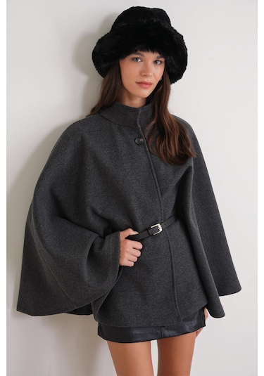 4768 Kadın Kemerli Panço Premium Kaşe Ceket Antrasit Antrasit