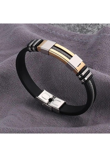 Altın Moda Paslanmaz Çelik Bilezikler Bilek Bandı Siyah Silikon Punk Bileklik Rahat Bilezik