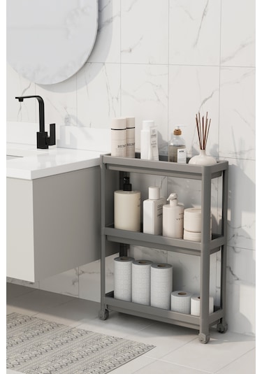 Mithra Life 3 Katlı Tekerlekli Slim İnce Gri Banyo Mutfak Rafı Mıt1127 Gri
