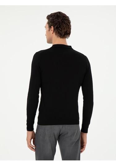 Cacharel Siyah Slim Fit Yün Karışımlı Polo Yaka Basic Triko Kazak