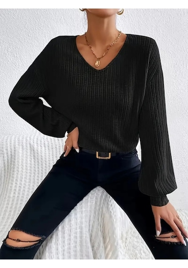 Kadın Uzun Kollu V Yakalı Salaş Şardonlu Kaşkorse Bluz Siyah