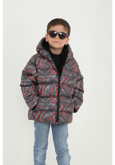 Erkek Çocuk Siyah Geometrik Desen İçi Polar Su Ve Rüzgar Geçirmez Kapüşonlu Cepli Şişme Kışlık Mont Siyah