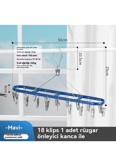 Paslanmaz Çelik Çamaşır Kurutma Rafı 18 Klipsli Çamaşır Kurutma Rafı Rüzgar Geçirmez Klipsli Çamaşır Kurutma Rafı Mavi