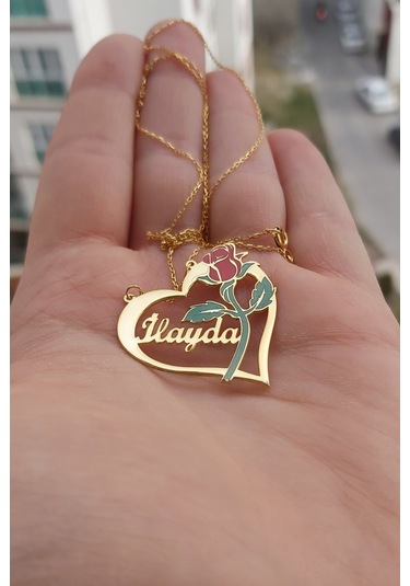 925 Ayar Gümüş 24 Ayar Altın Kaplama Isimli Kalpli Gül Kolye